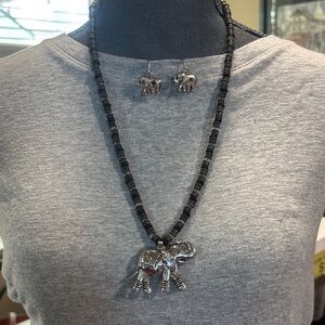 Elephant Pendant Necklace and Earring Set - Black and Silver